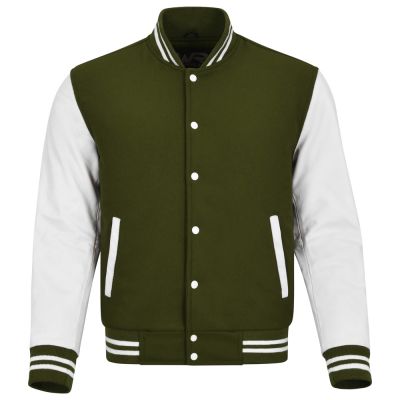 Varsity Jacket Olive Green with White Sleeves